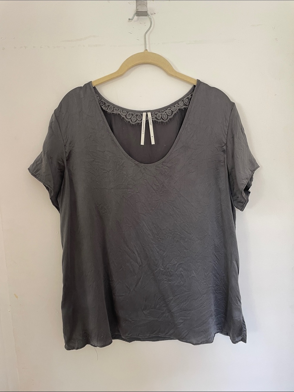Anthropologie Gray Scoop Neck Short Sleeve Top with Lace Trim